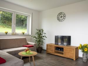 a living room with a couch and a tv at Hof am Horn - Fewos in der Natur in Laichingen