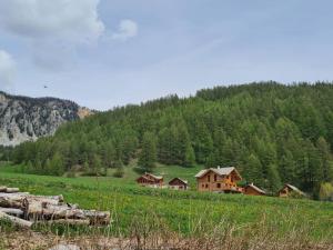 um grupo de casas num campo com uma montanha em Chalet La Cincia em Arvieux