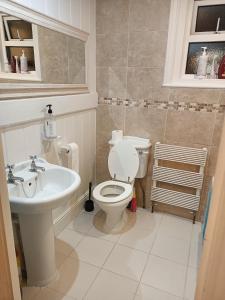a bathroom with a toilet and a sink at Victorian Terraced House in Salisbury; 3 bedrooms in Salisbury