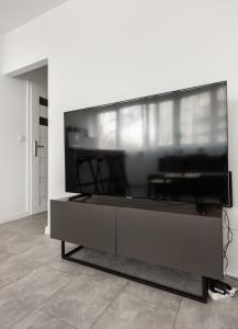 a large flat screen tv sitting in a living room at Saska Kępa Comfort Apartment in Warsaw