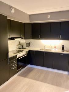 Modern 2 bedroom apartment in Oslo city centre في أوسلو: مطبخ مع دواليب سوداء ومغسلة