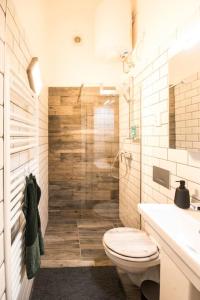 ein Bad mit einer Dusche, einem WC und einem Waschbecken in der Unterkunft Budapest Boulvard Green in Budapest