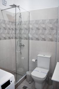 een badkamer met een toilet en een glazen douche bij Domenica studios 1 in Thessaloniki