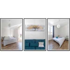four pictures of a room with a blue couch at Le Louis - Appartement 2 chambres, proche du centre et lac in Vichy