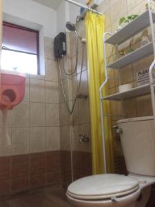 a bathroom with a shower with a toilet and a window at Arcobaleno in Manila