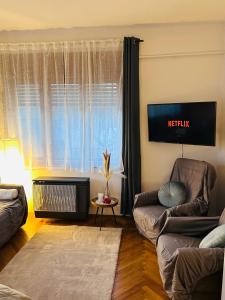 布達佩斯的住宿－Rose Apartment，客厅配有两张沙发和一台电视