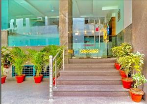 Hotel The Glory Near Delhi International Airport في نيودلهي: درج في مبنى به نباتات الفخار