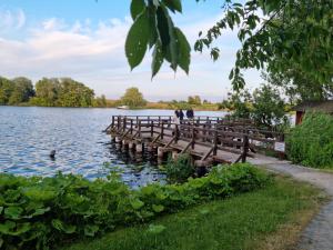 a dock on a lake with people walking on it at FeWo Varis in Röbel +2 photos