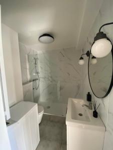 a white bathroom with a sink and a shower at Superbe Studio Centre Digne les bains in Digne-les-Bains