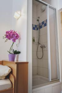 a bathroom with a shower with a vase of flowers at Gasthof Kirchberger in Fürth