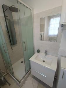 ein Bad mit einem Waschbecken und einer Dusche in der Unterkunft Le Mascarin - La Madeleine - La Bonne Marienne in Angers