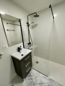 a white bathroom with a sink and a shower at AZ El Balcón de Calixto in Zaragoza