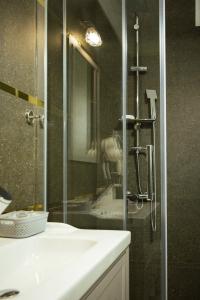 La salle de bains est pourvue d'une douche, d'un lavabo et d'un miroir. dans l'établissement Kasa Nouveau, à Oradea