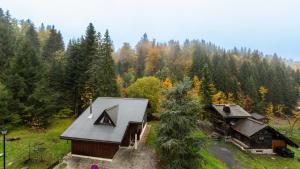 una vista aérea de una cabaña en un bosque en Grande Neige 39 - pied des pistes 4 pers en Morillon