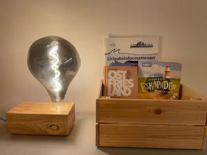 a light bulb sitting next to a box of books at Oma's Huus Ostfriesland 2-6 P in Moormerland
