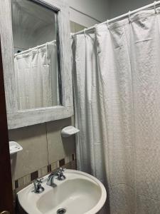 a bathroom with a sink and a shower curtain at M. BERNARD in Concordia
