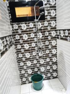 y baño con ducha y cubo verde. en Studio Moderne Dakar Keur Ndiaye LÔ, en Dakar