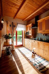 a kitchen with a dog standing in the middle of it at Chałupa na wsi u Papierzy Sauna, Jacuzzi, SPA in Witów