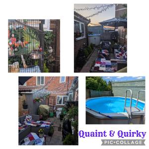 een collage van foto's van een achtertuin met zwembad bij Quiet Quaint & Quirky House Colchester Town Centre in Colchester