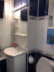 een badkamer met een wastafel, een toilet en een spiegel bij Adrian Home, Central in Ploieşti