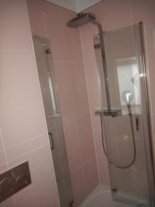 a bathroom with a shower with a glass door at Boutique-Hotel Villa Rosali in Hamburg