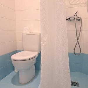 a bathroom with a toilet and a shower curtain at Ithaca in Perdika