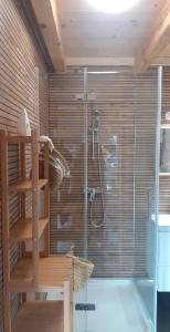 a bathroom with a shower with a glass door at Ciche Wydmy in Sasino