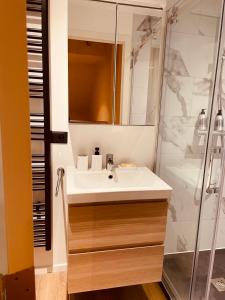 La salle de bains est pourvue d'un lavabo blanc et d'une douche. dans l'établissement Camus Flats, à Bruxelles