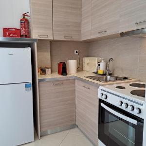 a kitchen with a stove and a white refrigerator at Ithaca in Perdika