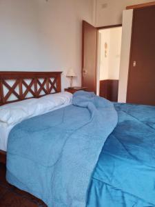 a blue blanket laying on top of a bed at Complejo los Espinillos de Merlo in Merlo