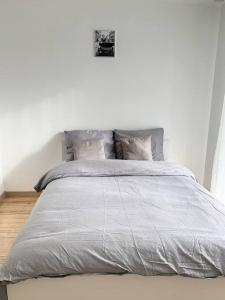 a bedroom with a bed with a gray comforter at L'Ulmeusienne contemporaine in Le Meux