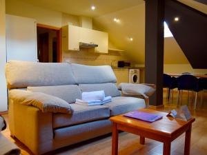ein Wohnzimmer mit einem Sofa und einem Tisch in der Unterkunft Apartamentos Pantebre 3000 in Pas de la Casa
