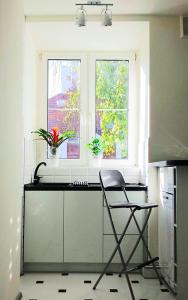 a kitchen with a chair and two windows at Joli Bord Apartment in Warsaw