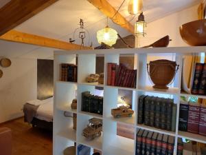 una estantería con libros y una cama en una habitación en Tiny Hofje en Putte