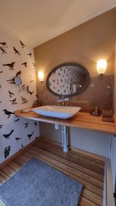 een badkamer met een wastafel en een spiegel bij Herrgård in Jörn