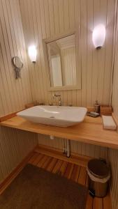 bagno con lavandino bianco e specchio di Herrgård a Jörn