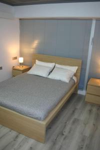 アルメリアにあるAPARTAMENTO EXCLUSIVO EN EL CASCO HISTORICOのベッドルーム1室(ベッド1台、ナイトスタンド2台、ランプ2つ付)