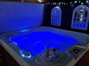 a blue bath tub with a vase in it at Dungarvon House B&B, Weston-super-Mare, Exclusive Bookings, Private Hot tub in Weston-super-Mare