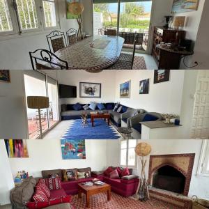 uma colagem de três imagens de uma sala de estar em Dar Baida Bouznika Plage David em Bouznika