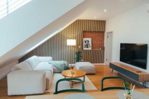 Large Apartments - Great for Groups - with Balcony or Terrace في فيينا: غرفة معيشة مع أريكة وتلفزيون