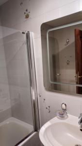 a bathroom with a shower and a sink and a mirror at Casa rural Puente Mocho in Ledesma