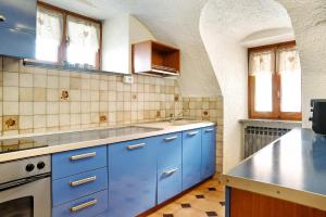 a kitchen with blue cabinets and a sink at Casa paradiso di montagna in Roccaforte Mondovì
