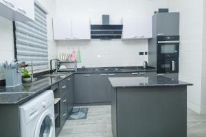uma cozinha com uma máquina de lavar roupa e uma máquina de lavar louça em Teleworld Apartment em Ikeja