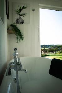 ein Badezimmer mit einer Badewanne mit Ananas an der Wand in der Unterkunft Sunset Ridge - Luxury Geodesic Dome set in the beautiful countryside in Porkellis
