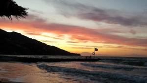 a beach with a flag and the ocean at sunset at Fiore Beach Studios in Vasilikos