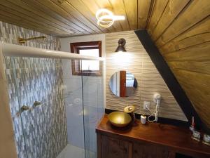 a bathroom with a shower and a sink with a mirror at Chalé Capivari Esmeralda in Campos do Jordão