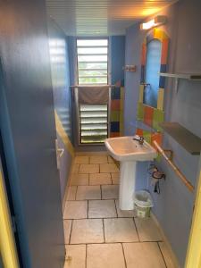a bathroom with a sink and a mirror at Gîtes Bel Vi La in Saint-François