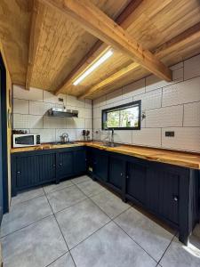 a kitchen with blue cabinets and a wooden ceiling at Molco Cabins Loft in Pucón +5 photos