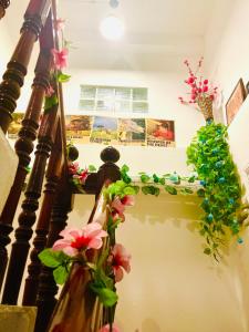 una escalera con flores y cuadros en la pared en Green Dreams, en Ban Lo Long
