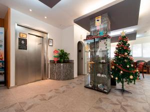 a christmas tree in the lobby of a office at Hotel Pere D'Urg 3000 in Encamp